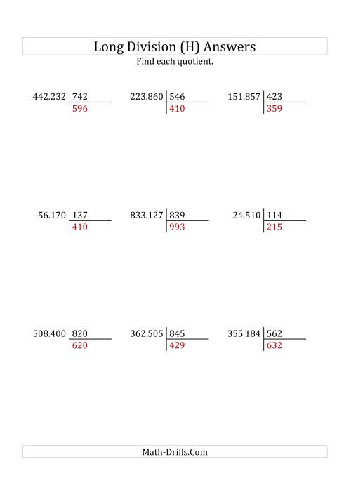 The European Long Division with a 3-Digit Divisor and a 3-Digit Quotient with No Remainders (H) Math Worksheet Page 2