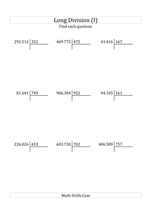 The European Long Division with a 3-Digit Divisor and a 3-Digit Quotient with No Remainders (I) Math Worksheet