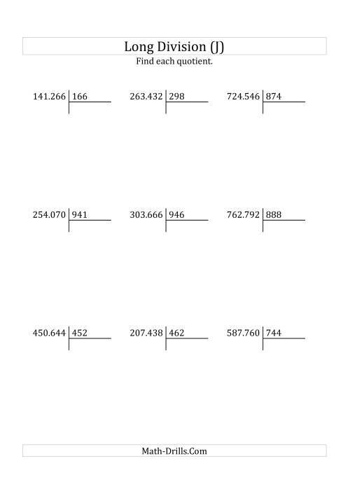 The European Long Division with a 3-Digit Divisor and a 3-Digit Quotient with No Remainders (J) Math Worksheet