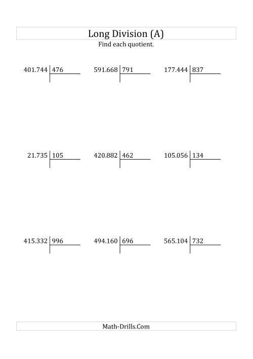The European Long Division with a 3-Digit Divisor and a 3-Digit Quotient with No Remainders (All) Math Worksheet