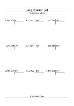 European Long Division with a 3-Digit Divisor and a 4-Digit Quotient with No Remainders