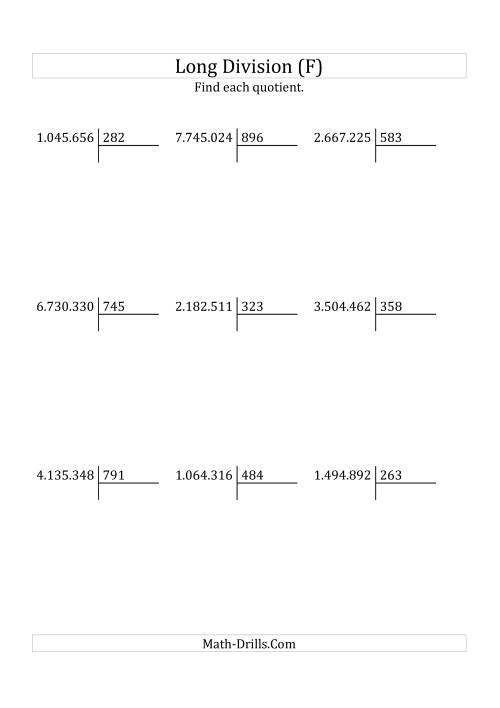The European Long Division with a 3-Digit Divisor and a 4-Digit Quotient with No Remainders (F) Math Worksheet