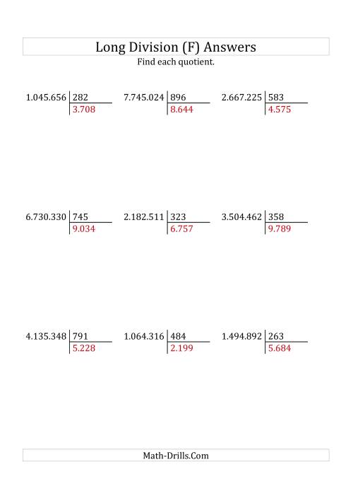 The European Long Division with a 3-Digit Divisor and a 4-Digit Quotient with No Remainders (F) Math Worksheet Page 2