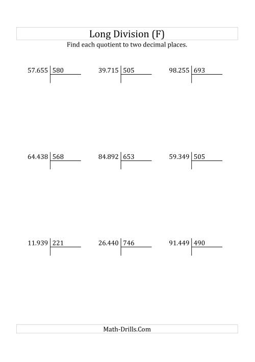 The European Long Division with a 3-Digit Divisor and a 5-Digit Dividend with Decimal Quotients (F) Math Worksheet