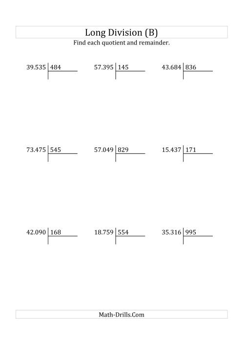 The European Long Division with a 3-Digit Divisor and a 5-Digit Dividend with Remainders (B) Math Worksheet