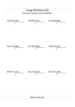 European Long Division with a 3-Digit Divisor and a 6-Digit Dividend with Remainders