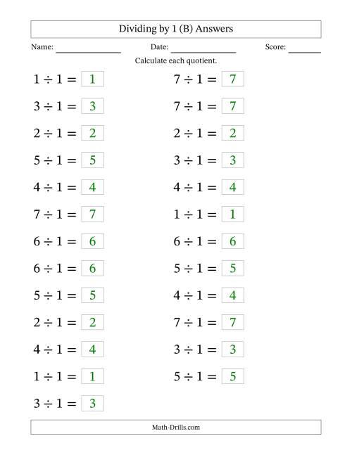 The Horizontally Arranged Dividing by 1 with Quotients 1 to 7 (25 Questions; Large Print) (B) Math Worksheet Page 2