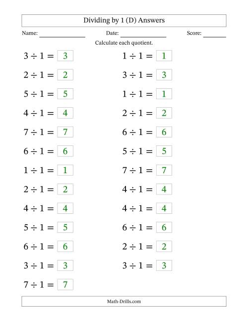 The Horizontally Arranged Dividing by 1 with Quotients 1 to 7 (25 Questions; Large Print) (D) Math Worksheet Page 2