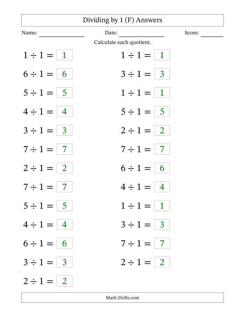 The Horizontally Arranged Dividing by 1 with Quotients 1 to 7 (25 Questions; Large Print) (F) Math Worksheet Page 2