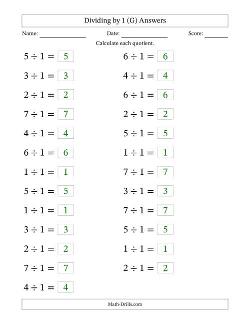 The Horizontally Arranged Dividing by 1 with Quotients 1 to 7 (25 Questions; Large Print) (G) Math Worksheet Page 2