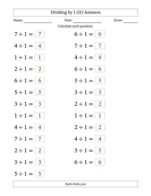 The Horizontally Arranged Dividing by 1 with Quotients 1 to 7 (25 Questions; Large Print) (H) Math Worksheet Page 2