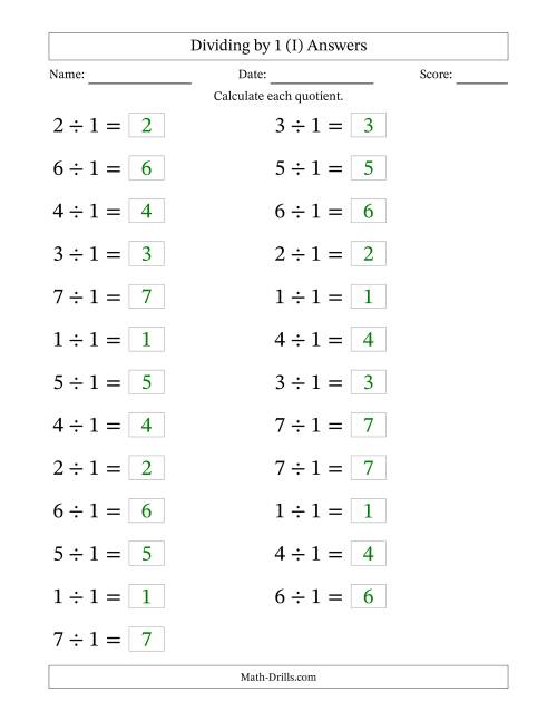 The Horizontally Arranged Dividing by 1 with Quotients 1 to 7 (25 Questions; Large Print) (I) Math Worksheet Page 2