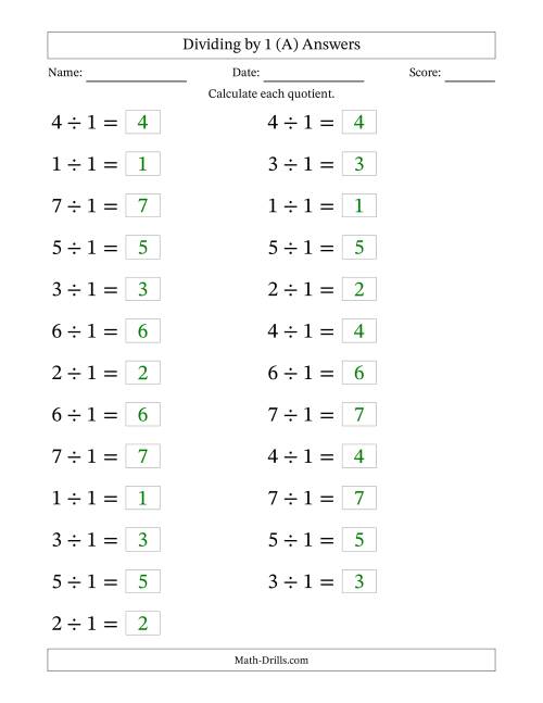 The Horizontally Arranged Dividing by 1 with Quotients 1 to 7 (25 Questions; Large Print) (All) Math Worksheet Page 2