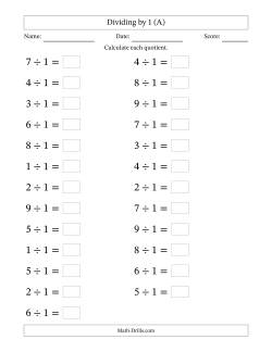 Horizontally Arranged Dividing by 1 with Quotients 1 to 9 (25 Questions; Large Print)