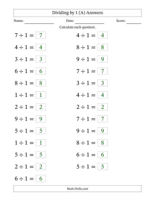 The Horizontally Arranged Dividing by 1 with Quotients 1 to 9 (25 Questions; Large Print) (All) Math Worksheet Page 2