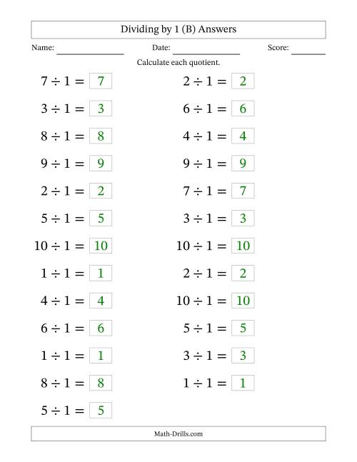 The Horizontally Arranged Dividing by 1 with Quotients 1 to 10 (25 Questions; Large Print) (B) Math Worksheet Page 2