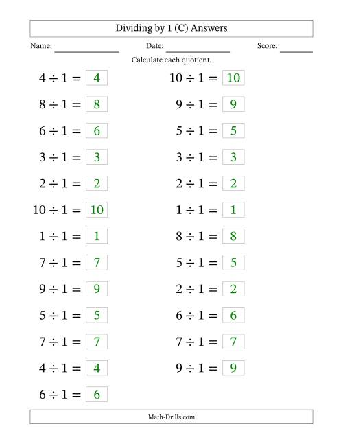 The Horizontally Arranged Dividing by 1 with Quotients 1 to 10 (25 Questions; Large Print) (C) Math Worksheet Page 2