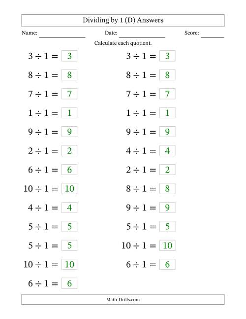 The Horizontally Arranged Dividing by 1 with Quotients 1 to 10 (25 Questions; Large Print) (D) Math Worksheet Page 2