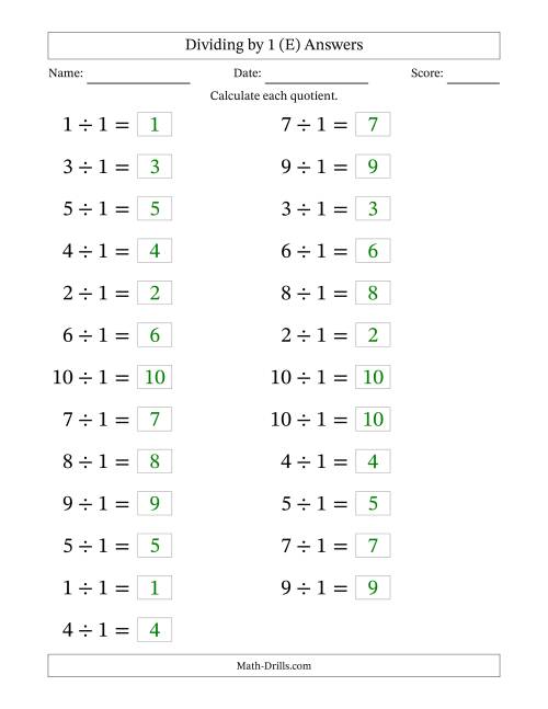 The Horizontally Arranged Dividing by 1 with Quotients 1 to 10 (25 Questions; Large Print) (E) Math Worksheet Page 2