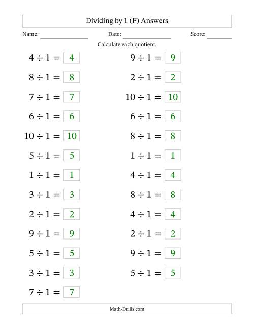 The Horizontally Arranged Dividing by 1 with Quotients 1 to 10 (25 Questions; Large Print) (F) Math Worksheet Page 2