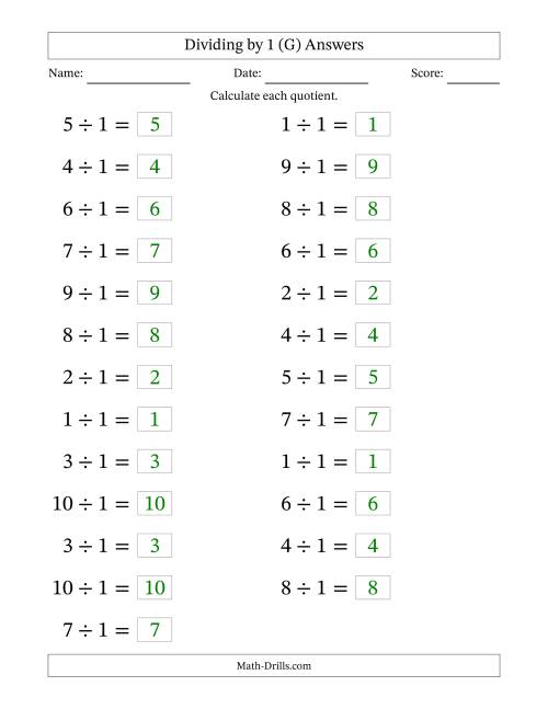The Horizontally Arranged Dividing by 1 with Quotients 1 to 10 (25 Questions; Large Print) (G) Math Worksheet Page 2