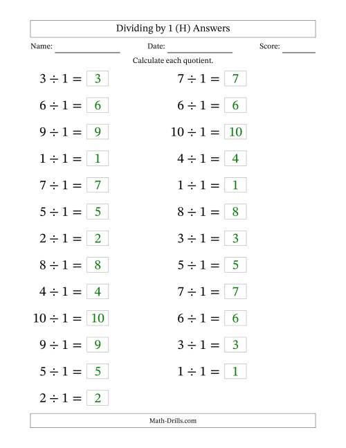 The Horizontally Arranged Dividing by 1 with Quotients 1 to 10 (25 Questions; Large Print) (H) Math Worksheet Page 2