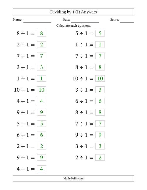 The Horizontally Arranged Dividing by 1 with Quotients 1 to 10 (25 Questions; Large Print) (I) Math Worksheet Page 2