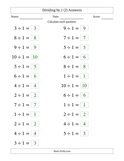 The Horizontally Arranged Dividing by 1 with Quotients 1 to 10 (25 Questions; Large Print) (J) Math Worksheet Page 2