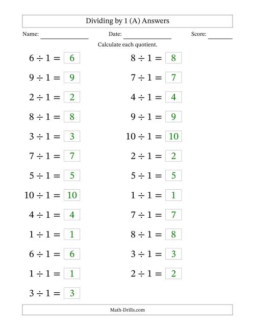 The Horizontally Arranged Dividing by 1 with Quotients 1 to 10 (25 Questions; Large Print) (All) Math Worksheet Page 2