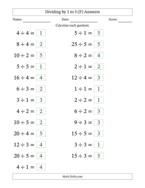 The Horizontally Arranged Division Facts with Divisors 1 to 5 and Dividends to 25 (25 Questions; Large Print) (F) Math Worksheet Page 2