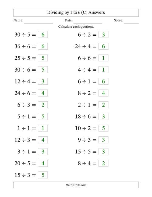 The Horizontally Arranged Division Facts with Divisors 1 to 6 and Dividends to 36 (25 Questions; Large Print) (C) Math Worksheet Page 2