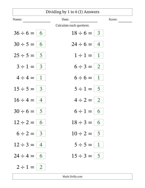 The Horizontally Arranged Division Facts with Divisors 1 to 6 and Dividends to 36 (25 Questions; Large Print) (I) Math Worksheet Page 2