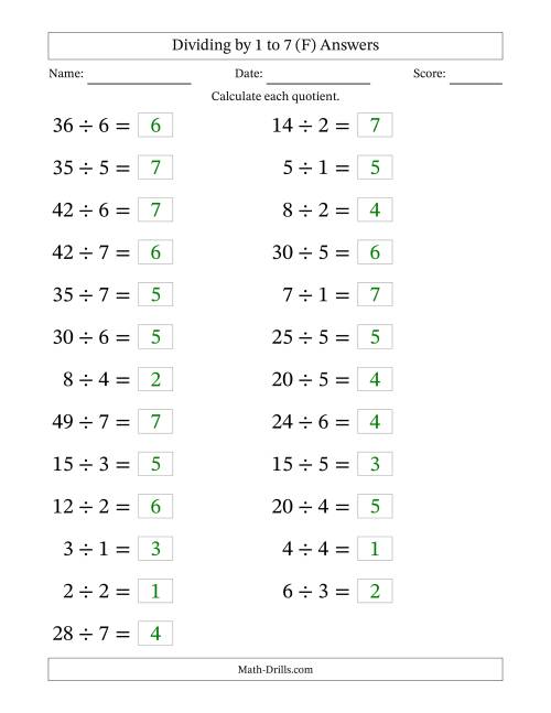 The Horizontally Arranged Division Facts with Divisors 1 to 7 and Dividends to 49 (25 Questions; Large Print) (F) Math Worksheet Page 2