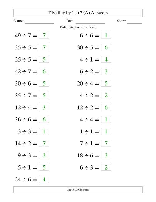 The Horizontally Arranged Division Facts with Divisors 1 to 7 and Dividends to 49 (25 Questions; Large Print) (All) Math Worksheet Page 2