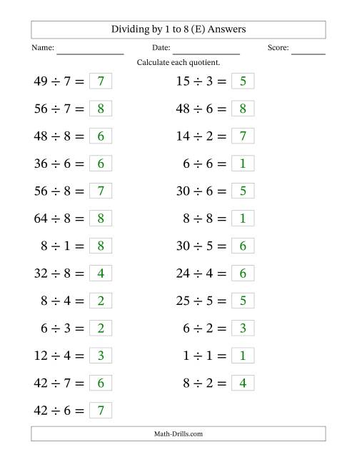 The Horizontally Arranged Division Facts with Divisors 1 to 8 and Dividends to 64 (25 Questions; Large Print) (E) Math Worksheet Page 2