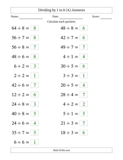 The Horizontally Arranged Division Facts with Divisors 1 to 8 and Dividends to 64 (25 Questions; Large Print) (All) Math Worksheet Page 2