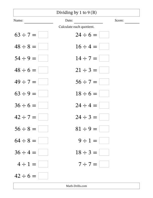 The Horizontally Arranged Division Facts with Divisors 1 to 9 and Dividends to 81 (25 Questions; Large Print) (B) Math Worksheet
