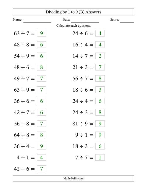 The Horizontally Arranged Division Facts with Divisors 1 to 9 and Dividends to 81 (25 Questions; Large Print) (B) Math Worksheet Page 2