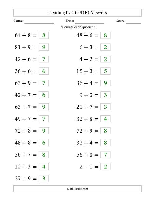 The Horizontally Arranged Division Facts with Divisors 1 to 9 and Dividends to 81 (25 Questions; Large Print) (E) Math Worksheet Page 2