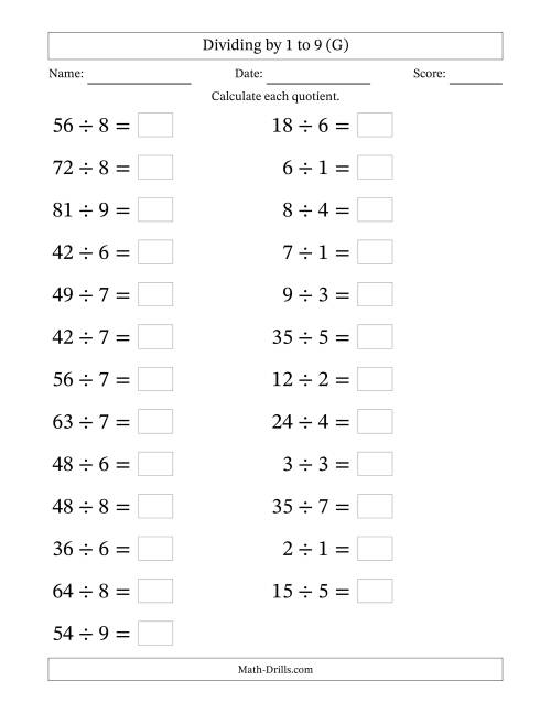 The Horizontally Arranged Division Facts with Divisors 1 to 9 and Dividends to 81 (25 Questions; Large Print) (G) Math Worksheet