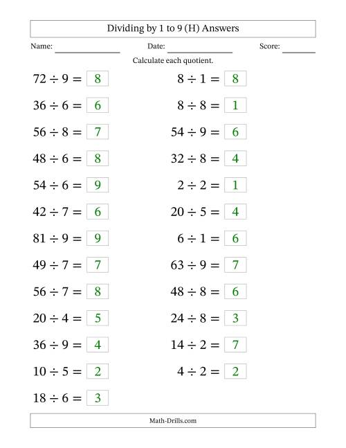 The Horizontally Arranged Division Facts with Divisors 1 to 9 and Dividends to 81 (25 Questions; Large Print) (H) Math Worksheet Page 2