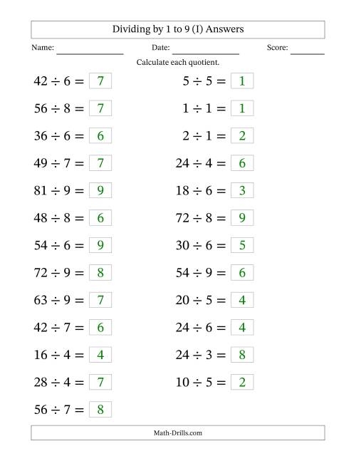 The Horizontally Arranged Division Facts with Divisors 1 to 9 and Dividends to 81 (25 Questions; Large Print) (I) Math Worksheet Page 2