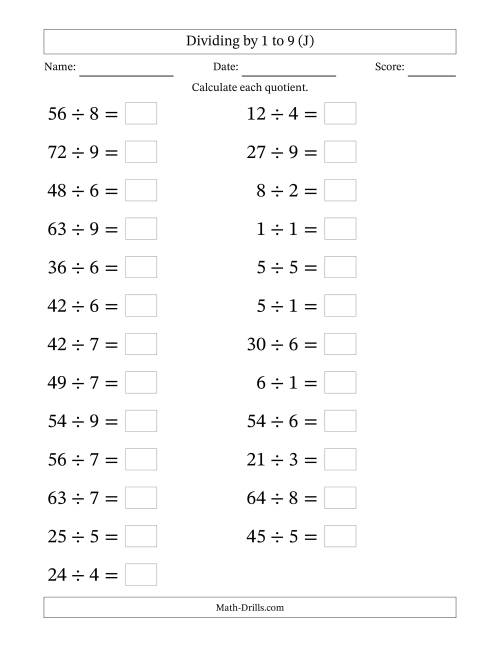 The Horizontally Arranged Division Facts with Divisors 1 to 9 and Dividends to 81 (25 Questions; Large Print) (J) Math Worksheet