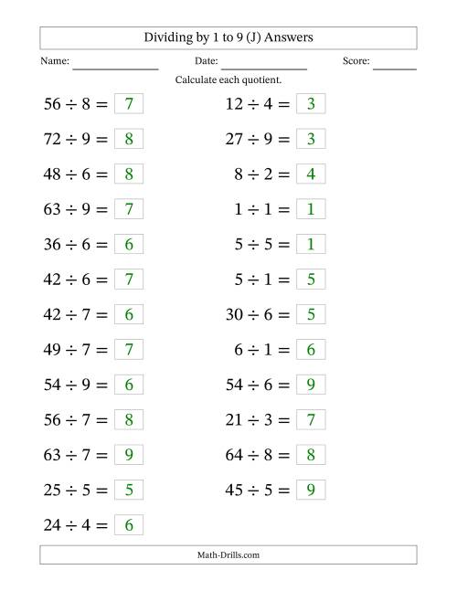 The Horizontally Arranged Division Facts with Divisors 1 to 9 and Dividends to 81 (25 Questions; Large Print) (J) Math Worksheet Page 2