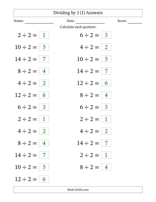 The Horizontally Arranged Dividing by 2 with Quotients 1 to 7 (25 Questions; Large Print) (I) Math Worksheet Page 2