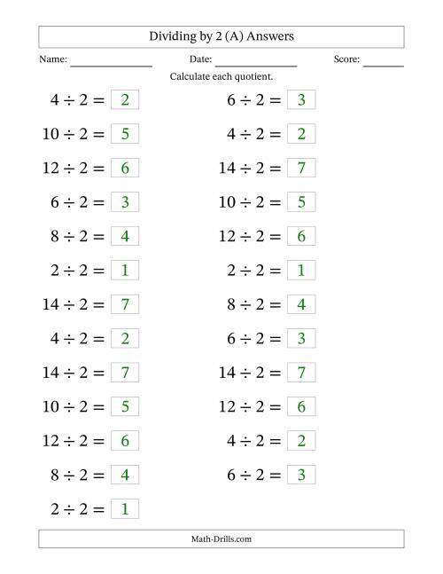 The Horizontally Arranged Dividing by 2 with Quotients 1 to 7 (25 Questions; Large Print) (All) Math Worksheet Page 2