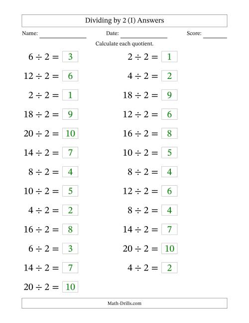 The Horizontally Arranged Dividing by 2 with Quotients 1 to 10 (25 Questions; Large Print) (I) Math Worksheet Page 2