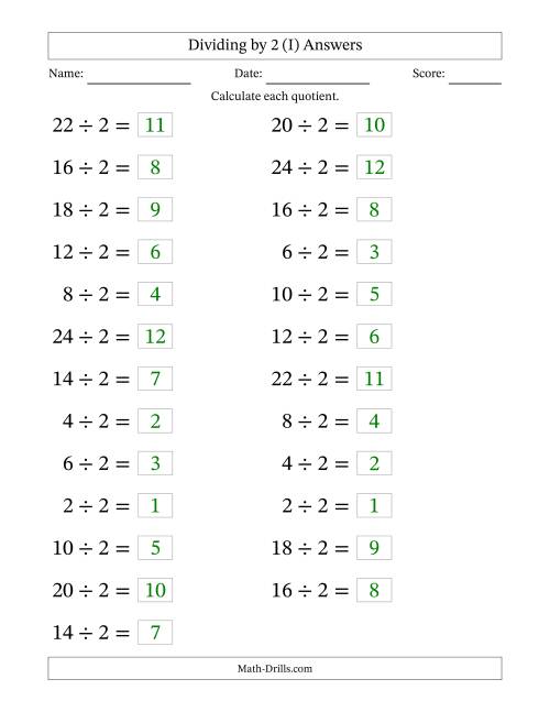 The Horizontally Arranged Dividing by 2 with Quotients 1 to 12 (25 Questions; Large Print) (I) Math Worksheet Page 2