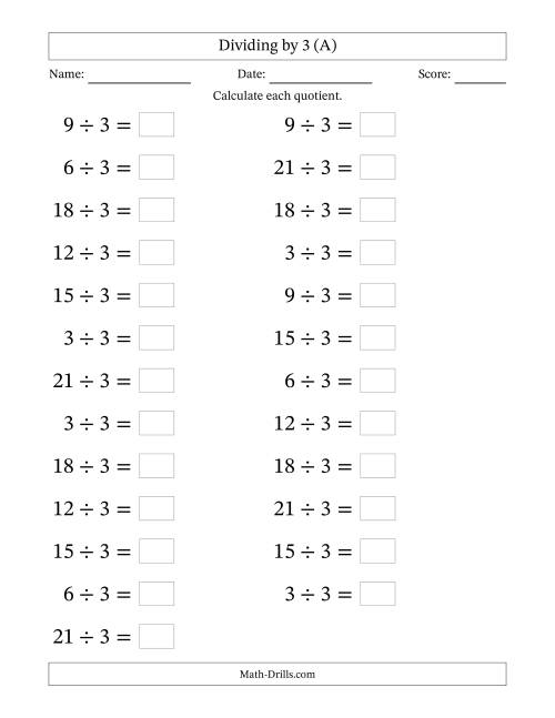 The Horizontally Arranged Dividing by 3 with Quotients 1 to 7 (25 Questions; Large Print) (A) Math Worksheet