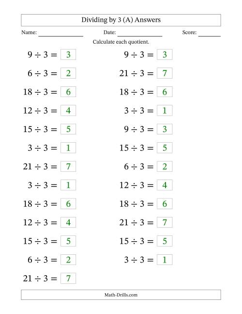 The Horizontally Arranged Dividing by 3 with Quotients 1 to 7 (25 Questions; Large Print) (A) Math Worksheet Page 2